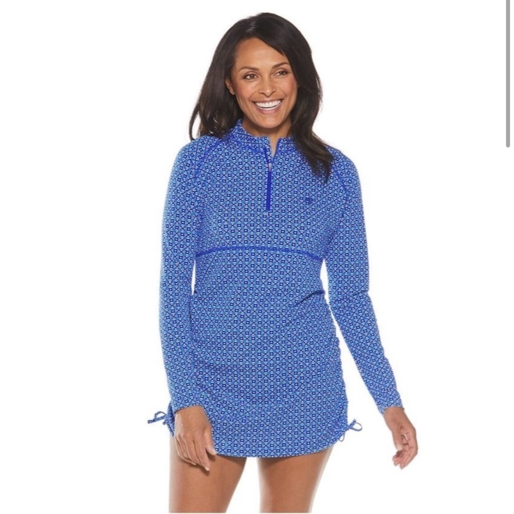 Coolibar Lawai Ruche Blue Swim Zip Shirt Tunic Dress UPF 50+, Size XS